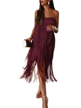 Commense Florence Burgundy Fringe Flapper Dress Cocktail Party Special Occasion